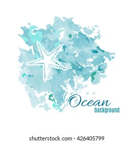 Abstract water, sea, ocean background. Blue water background. Vintage texture and a starfish on it. Abstract hand drawn watercolor blue blot background. Vector illustration