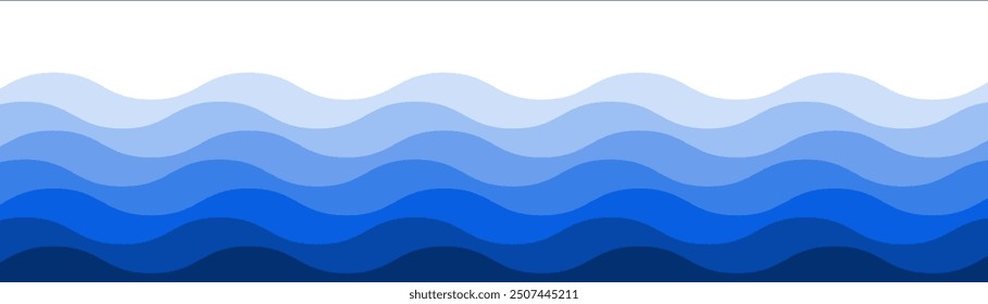 Abstract water seamless wavy line pattern in gradient blue colors of ocean ripples or sea waves. Vector geometric water curves isolated on transparent background.