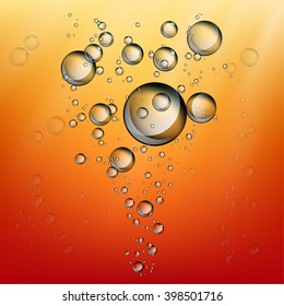 Abstract Water soap bubbles rising on shiny orange background. 