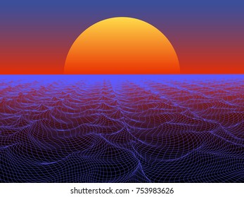 Abstract water surface with sphere sun on horizon. Technology vector background.