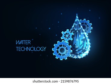 Abstract water technology, plumbing service concept with glowing low poly drop and gears, cogwheels 