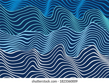 
Agua abstracta de delgadas líneas azules onduladas sobre un fondo oscuro. Fondo vectorial moderno