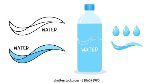 Abstract water wave logo sign, bottle and drops isolated on white background vector illustration.