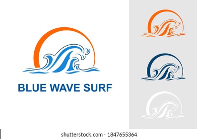 Abstraktes Wasser-Wellen-Vektorlogo-Konzept mit Sonnenelement. Schwimmen, Surfen, Villa, Kosmetische Vorlage
