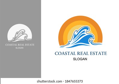 Abstract water wave vector logo concept with sun element. Swimming, surf, villa, cosmetic business template