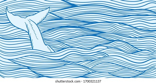 Olas de agua abstractas ilustran arte con cola de ballena