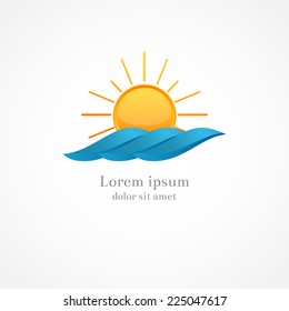 Abstract water waves and sun logo template. Vector illustration. 
