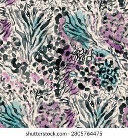 Abstract watercolor animal-inspired seamless pattern featuring leopard spots and tropical foliage in teal, black, and lavender tones.