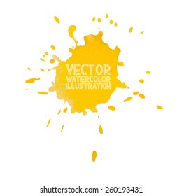 Abstract Watercolor Aquarelle Hand Drawn Yellow Drop Splatter Stain Art Paint On White Background Vector Illustration.