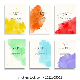 Abstract watercolor art background colorful paint splash and spots with frame for text in grange style. Design template for banner, posters, cards, landing, social media, printing. Vector illustration