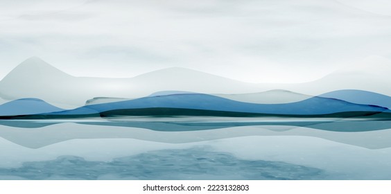 Abstract watercolor art background with mountains on the lake in winter. Landscape banner in blue colors for wallpaper, decor, print, packaging, interior design.