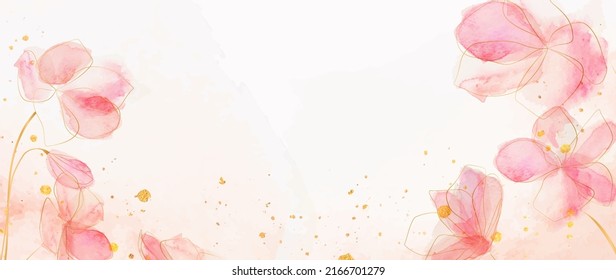 Abstract watercolor art background with pink flowers with golden line. Botanical banner with watercolor paints with transparency effect for design, decoration, poster, invitations	
