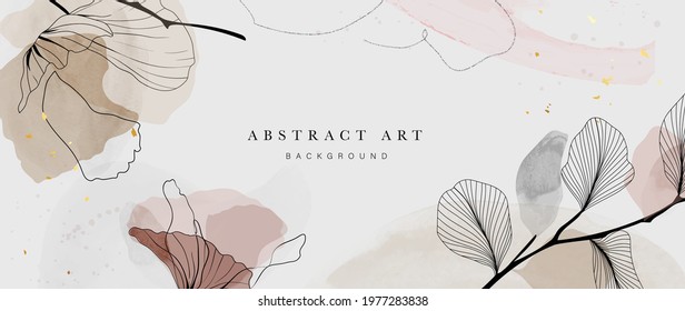 Abstract watercolor art background vector. Gingko and botanical line art wallpaper. Luxury cover design with text, golden texture and brush style. floral art for wall decoration and prints. 