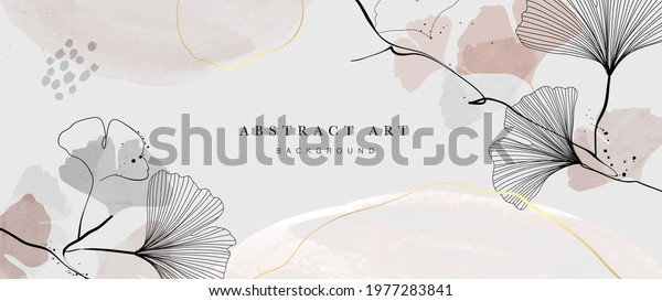 Abstract watercolor art background vector. Gingko and\
botanical line art wallpaper. Luxury cover design with text, golden\
texture and brush style. floral art for wall decoration and prints.\
