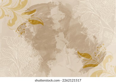 Abstract watercolor art botanical line art wallpaper background vector. Luxury cover design with text, golden texture and brush style.