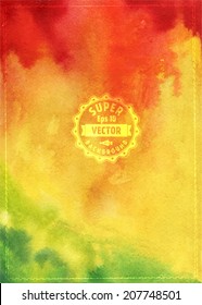 Abstract watercolor art hand paint background stains. Square red-orange- green watercolour banner with badge