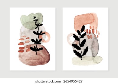 Conjunto de cartazes de arte aquarela abstrata. Design minimalista de pôster de arte de parede moderna. Coberturas de meados do século com manchas de tinta aquarela e folhas.