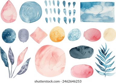 Abstract watercolor art shapes collection. Natural color drawing bundle for fashion design concept. Modern hand drawn paint doodle, organic geometric shape decoration set.