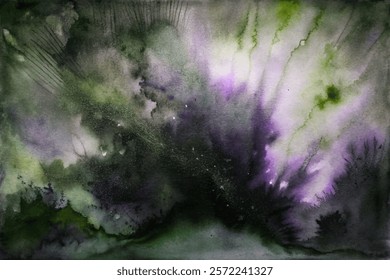 Abstract watercolor art, vibrant green hues, purple accents, dynamic brush strokes, artistic expression, nature-inspired design.