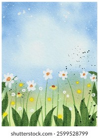 Abstract watercolor artwork with white flowers field with blue sky colors and texture	