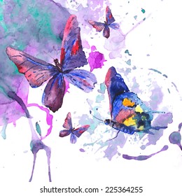 Abstract watercolor background with beautiful butterflies, vector greeting card