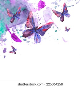 Abstract watercolor background with beautiful butterflies, vector greeting card