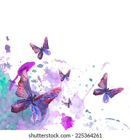 Abstract watercolor background with beautiful butterflies, vector greeting card