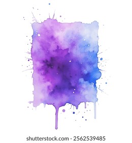 Abstract watercolor background with a blend of purple and blue hues, featuring splatters, drips, and a textured appearance. 