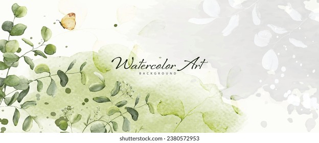 Abstract watercolor background with botanical and butterfly on watercolor stains. Nature banner art background design suitable for header, web, or wall decoration.