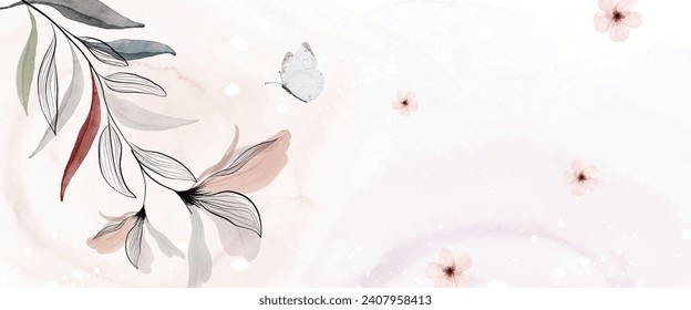 Abstract watercolor background with botanical and butterfly on watercolor stains. Nature banner art background design suitable for header, web, or wall decoration.