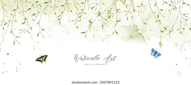 Abstract watercolor background with botanical and butterfly on watercolor stains. Nature banner art background design suitable for header, web, or wall decoration.