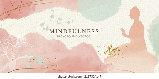 Abstract watercolor background with Buddha, gold texture and hand drawn Lily flower. Vector