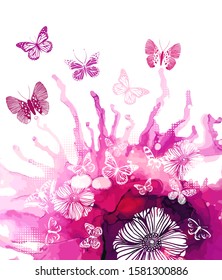 Abstract watercolor background with butterflies. Vector illustration