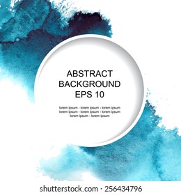 Abstract watercolor background with circular element. Blue watercolor spots on transparent background.