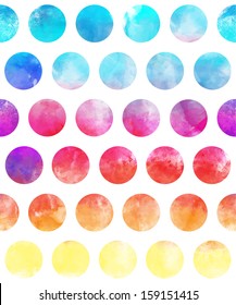 Abstract watercolor background with colorful circles on white. Vector art. 