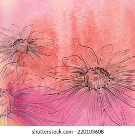 Abstract  watercolor background with daisy. Colourful template.
