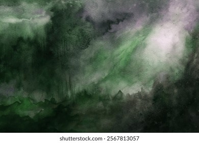 Abstract watercolor background, dark green hues, atmospheric landscape, soft textures, artistic design, nature-inspired art.