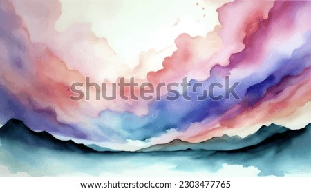 Abstract watercolor background. Digital art painting. Blue, violett, red, rose sky with teal, blue, green, turqouise landscape. Romantical vector Illustration.