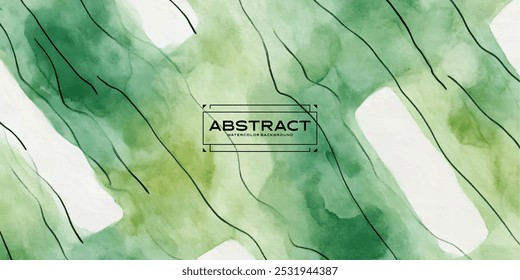 Um fundo de aquarela abstrato com redemoinhos verdes e brancos com linhas pretas.