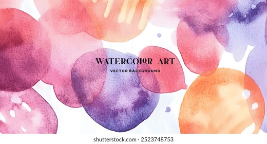 An abstract watercolor background featuring overlapping, irregular shapes in shades of purple, pink, and orange.