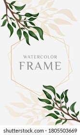 Abstract watercolor background with a floral pattern of green leaves plants and flowers on the branches. Design template banner with text in frame. Wedding invitation card. Grunge vector illustration.