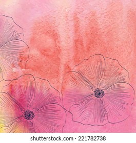 Abstract  watercolor background with flowers. Colourful template.