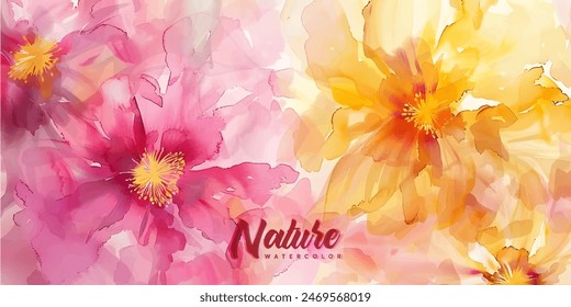 abstract watercolor background with flowers pink yellow