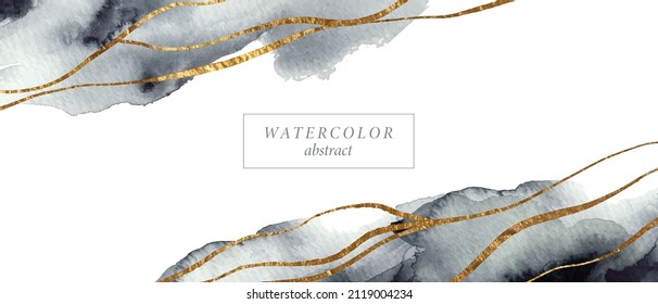 Abstract watercolor background, frame in white, black, grey. Golden lines, waves. Monochrome soft washes. Hand painted brush strokes. 