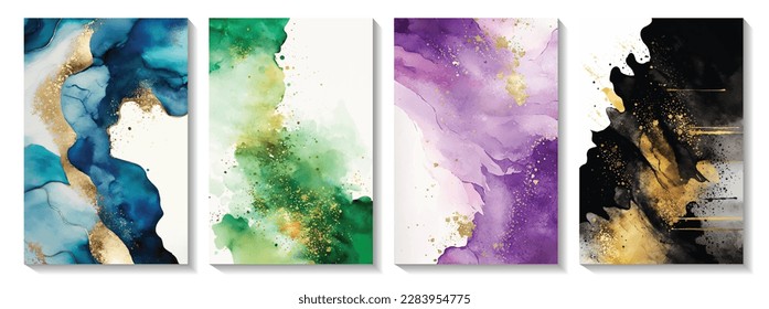 Abstract watercolor background with gold glitter. Background set