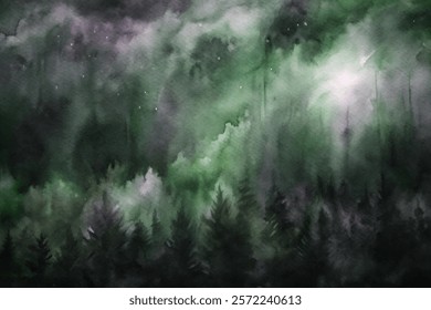 Abstract watercolor background, green forest silhouette, misty atmosphere, serene nature scene, artistic landscape design.