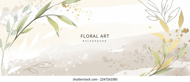 Abstract watercolor background with hand drawn green and gold branches and leaves. Botanical elegant artistic wallpaper design with splash and brush texture. Vector illustration