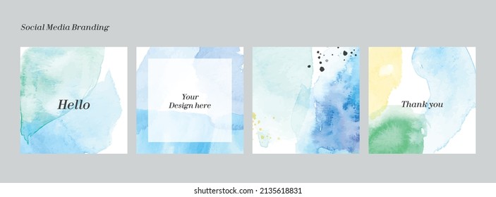 Abstract watercolor background. Hand painted texture, vector illustration. Blue, green, yellow soft artwork for banner, print, poster, cover, social media.