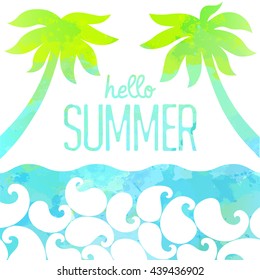 Abstract watercolor background. Hello Summer background. Marine poster. Wave background. Vector illustration