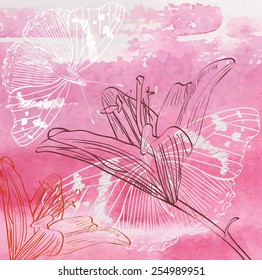 Abstract  watercolor background with lily. Colourful template.